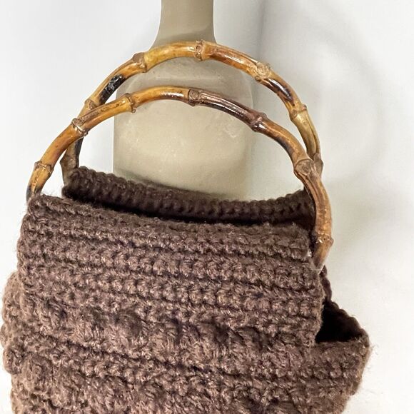 Handmade Crochet Chunky Knit Boho Brown Hand Bag 70s Grannycore Bamboo Handles - Picture 3 of 10